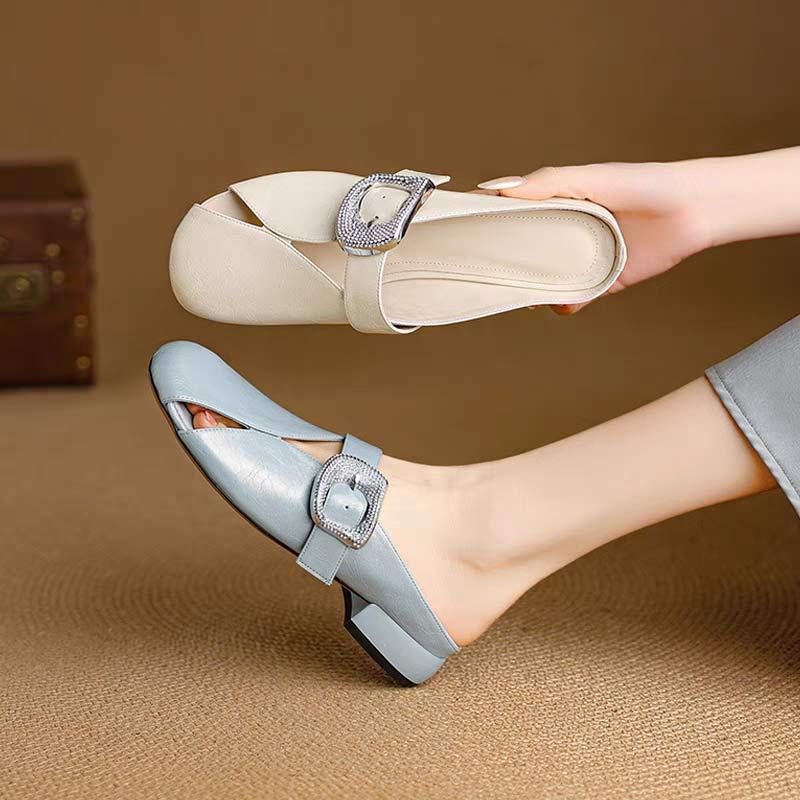 Fashion Round-toed Women's Shoes Baotou Thick Low-heeled Semi-slippers for Outer Wear Summer New Versatile Cool Mops