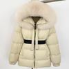 Womens Mid-Length Hooded Down Coat With Real Fox Fur Trim Slim Fit Warm Winter Outerwear Urban Commute Outdoor
