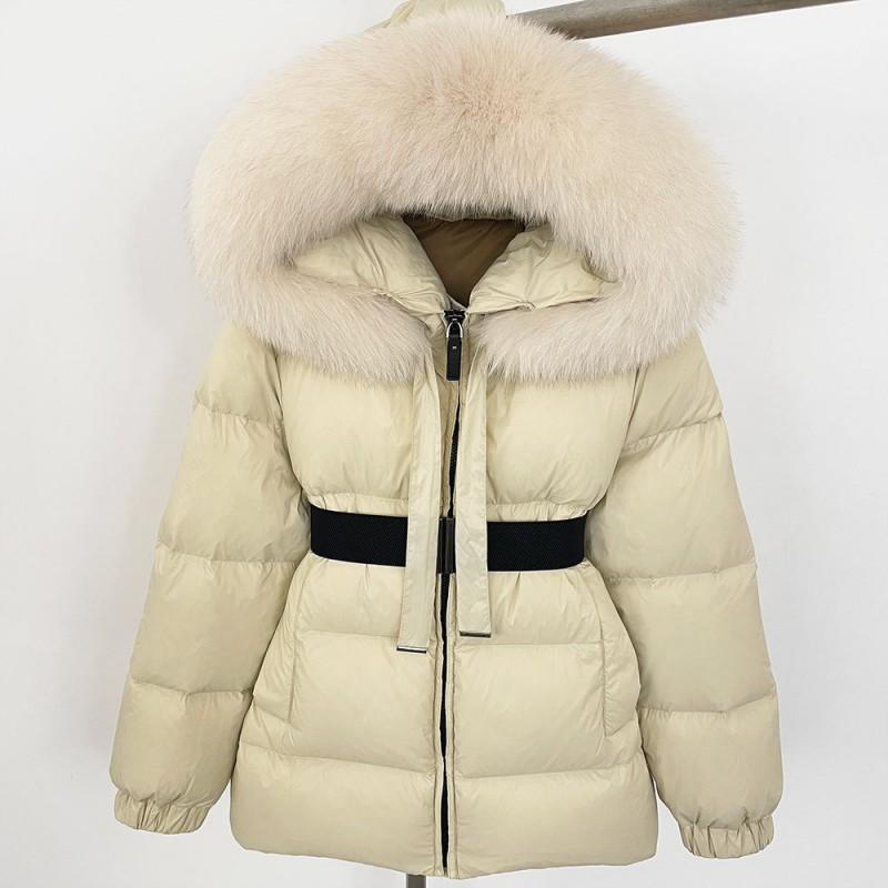 Womens Mid-Length Hooded Down Coat With Real Fox Fur Trim Slim Fit Warm Winter Outerwear Urban Commute Outdoor
