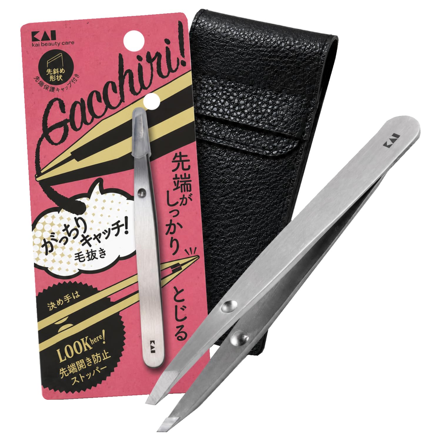 Kai Corporation Firm Grip with Storage 1 piece Tweezers, Silver, Pouch, (x 1)