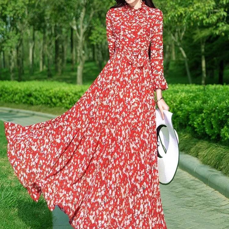 Floral Chiffon Long Sleeve Maxi Dress for Women - Spring/Autumn Slim Fit