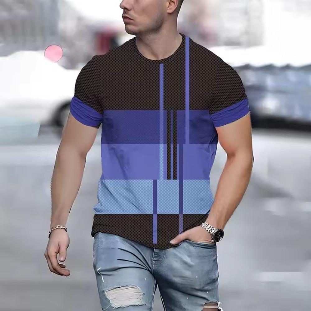 Модная футболка с геометрическим полосатым принтом удобная мягкая футболка с круглым вырезом и коротким рукавом большой размер 5XL свободная базовая футболка одежда 3XL фиолетовый 990₽