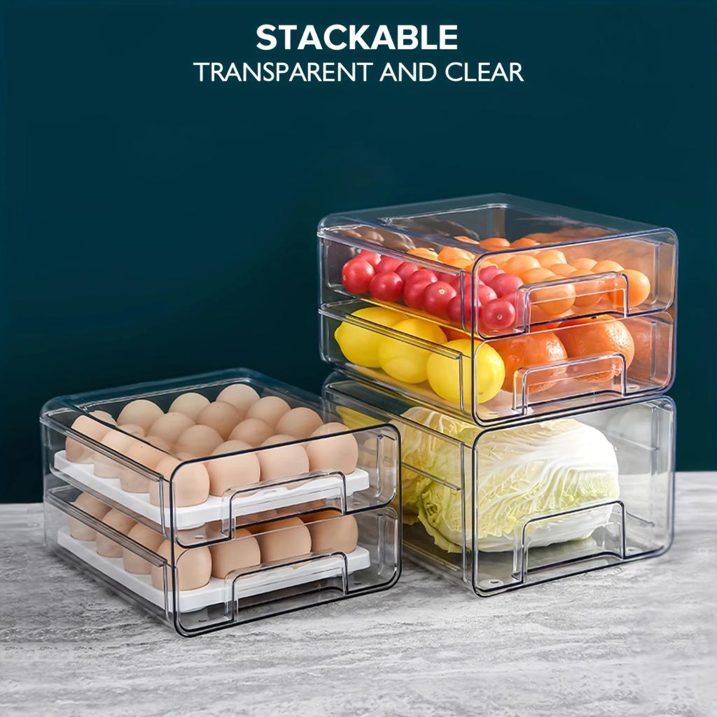1pc Large Capacity Egg Holder for Refrigerator - Clear Double Layer Drawer Type  Box with Removable Egg Tray and Drain Tray