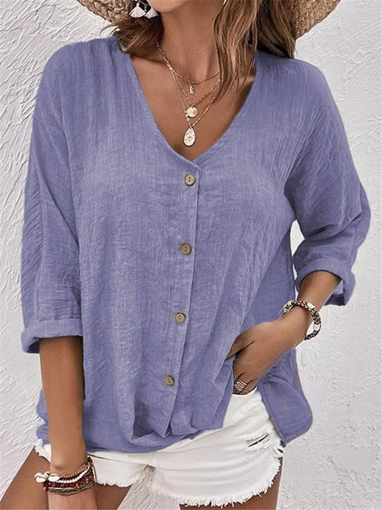 Women's V Neck Three Quarter Sleeve Blouse Loose Fit Casual Shirt Solid Color Button Down Tunic Top