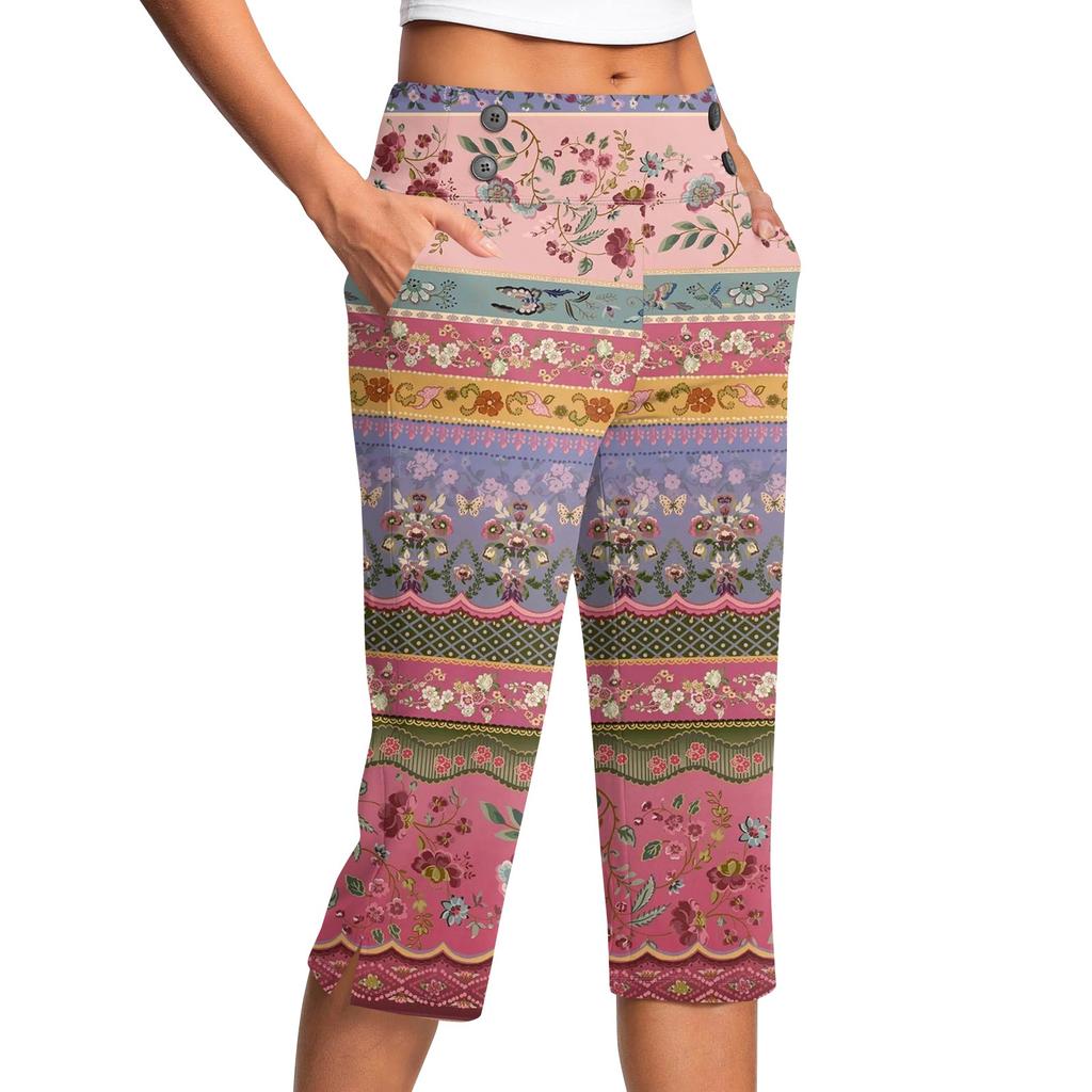 Women's Vintage Floral Print Button Pocket Trousers Slit High Waist Sports Yoga Casual Pants