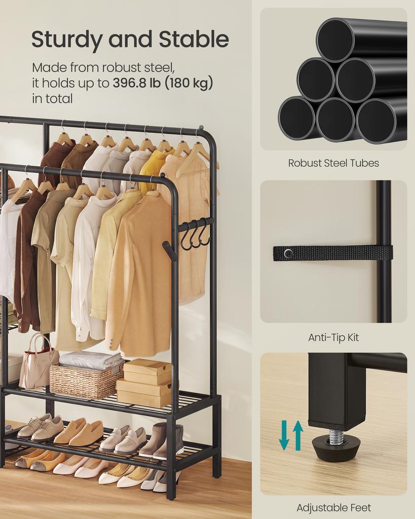 SONGMICS Clothes Rail, Heavy Duty Clothes Rack with 7 Storage Shelves, Double Hanging Rods, Metal Coat Rack, Open Wardrobe for Bedroom, Living Room