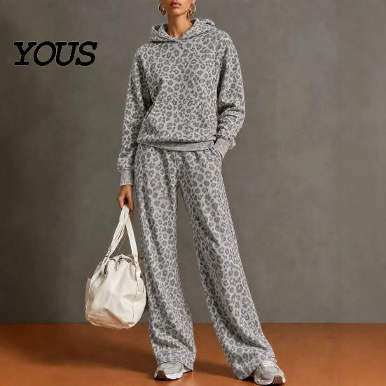 Damskie casualowe zestawy dopasowane Bluza z kapturem i spodnie w panterkę, Bluza z kapturem i kieszenią kangurką, Stroje szerokie nogawki luźne dwuczęściowe zestawy do salonu na jesień