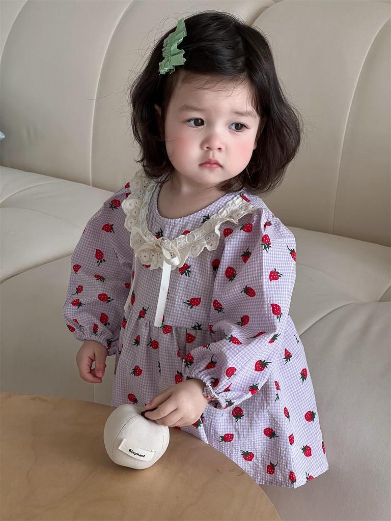 Korean Style Lace Romper Dress for Girls - Autumn Strawberry Princess Dress