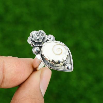 Cadeau Pour Elle Argent 925 Coquille Oeil de Shiva Naturel Promesse Fleur Bague Réglable