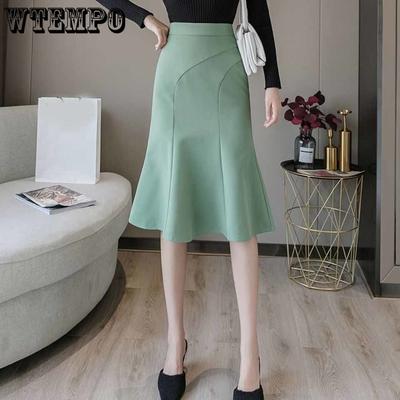 Fishtail Solid Skirt for Women Spring Autumn High Waist Slim Mid-Length Slit Sheath Black Long Skirt Women Suit