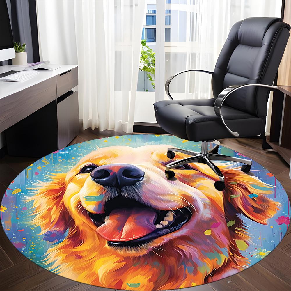 1PC Golden Retriever Artwork Office Round Area Rug, Mat Suitable ForOffice, Under Office Chairs Bedroom Living Room Home Decor, Room Deco