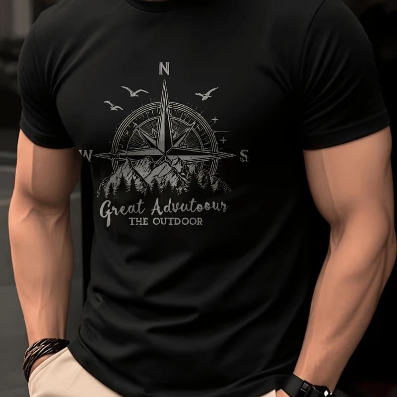 Men's Summer Short Sleeve T-Shirt Vintage Compass Pattern Design Fashionable Elegant Top Breathable Round Neck Men's Clothing