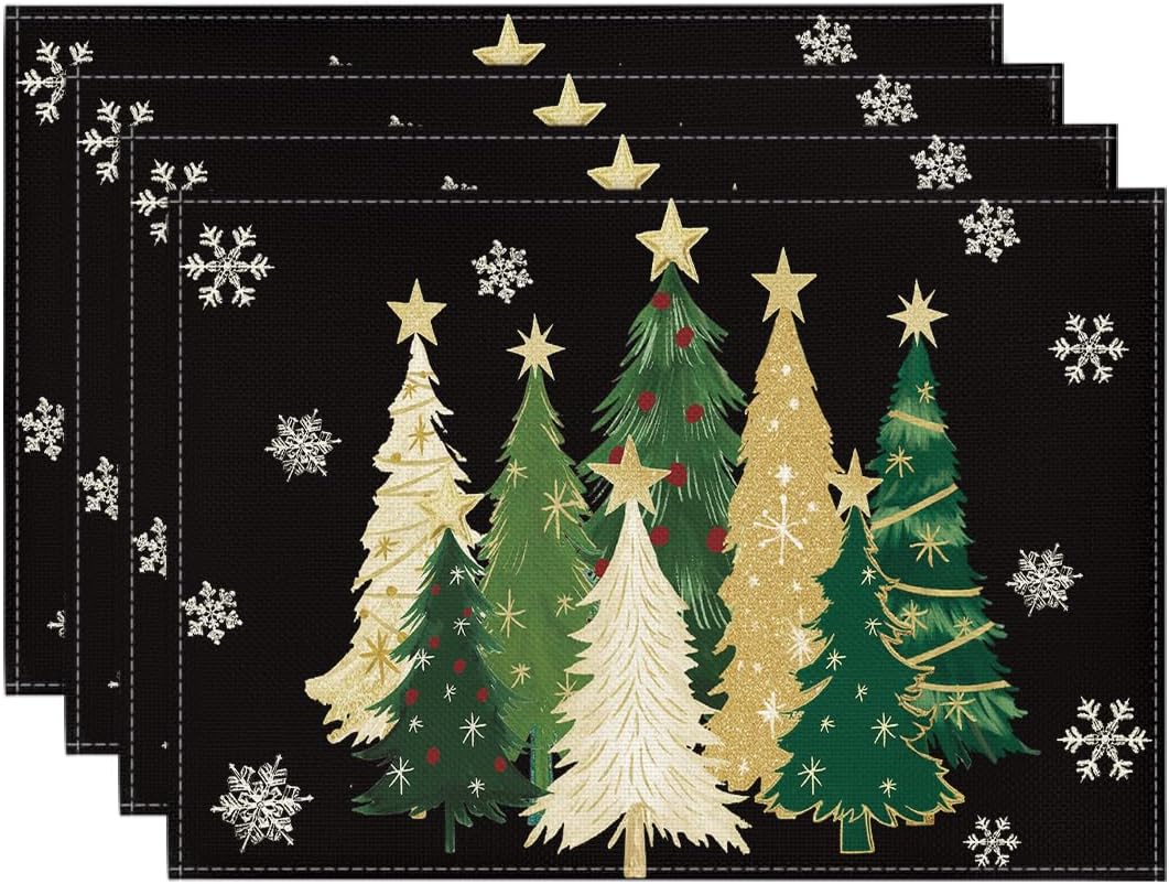 

Xmas Trees Snowflakes Winter Placemats , 12x18 Inch Seasonal Blue Christmas Table Mats for Party Kitchen Dining Decoration 4pcs