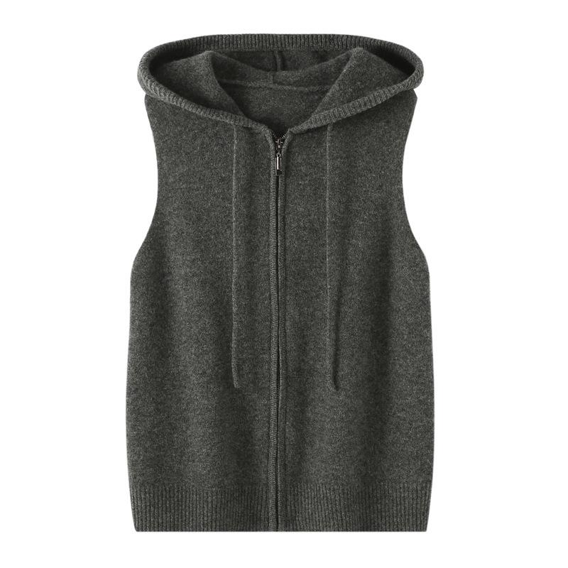 2026 Autumn Soft Pure Wool Hooded Knit Vest - Casual, Skin-Friendly, Loose Zipper Top