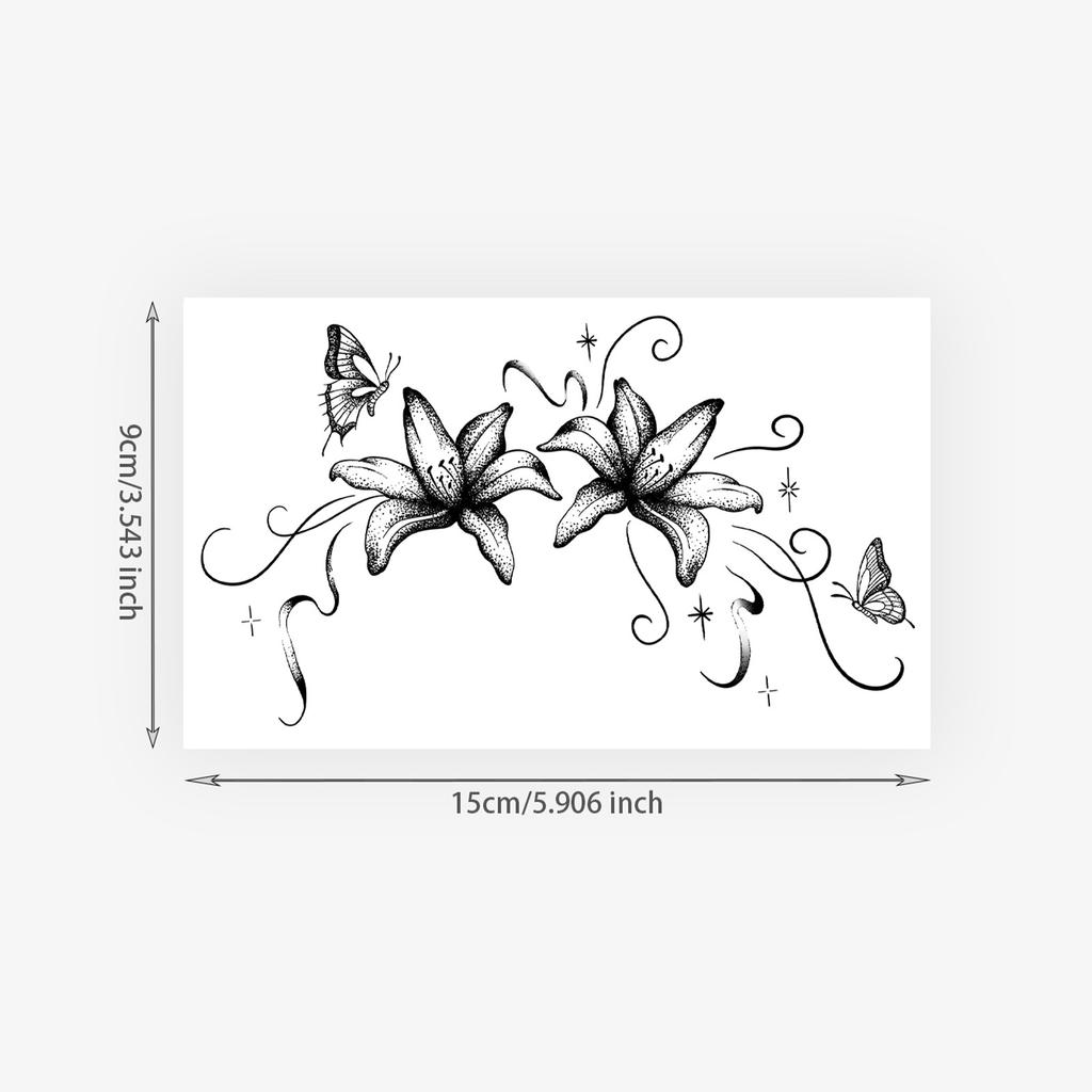 Black And Gray Lily Butterfly Tattoo Sticker, Waterproof And Long-Lasting, Gentle Chest And Back, Simulated Tattoo Sticker.