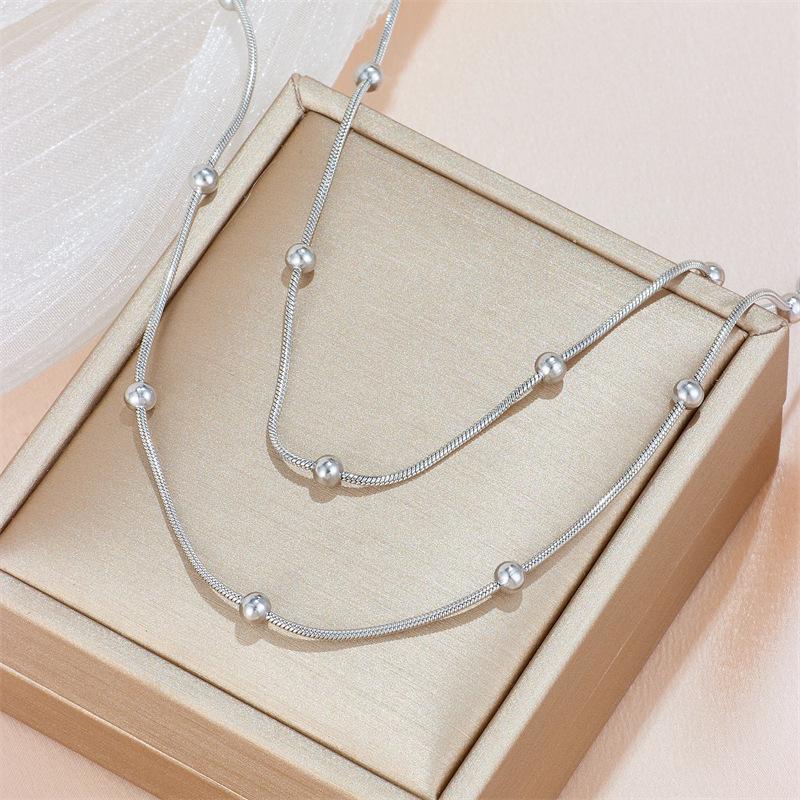 Cross Stainless Steel Double Layer Necklace - Hip Hop Beaded & Snake Bone European Design Accessory