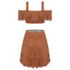 Womens Tribal Princess Set Off Shoulder Crop Top Mini Skirt Vintage Pattern Trim Tiered Tassel Faux Suede Costume