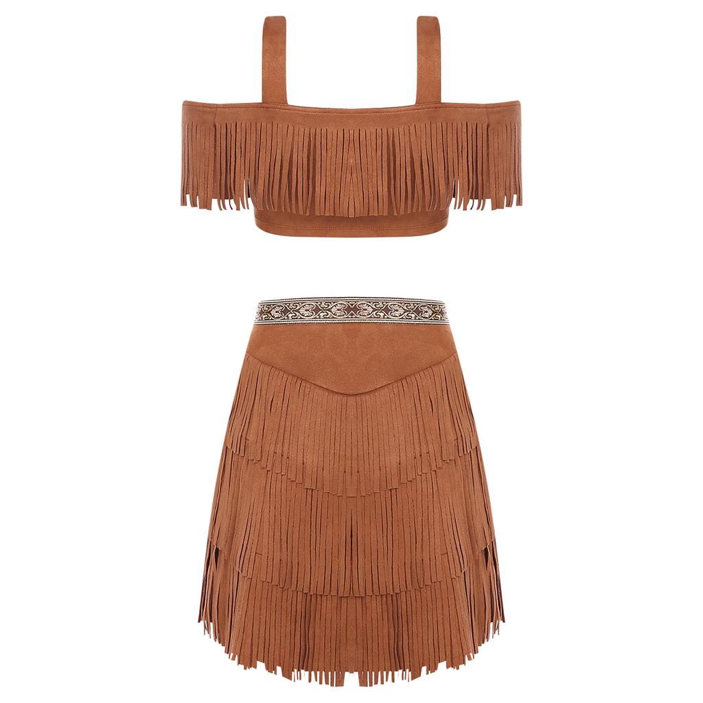 Womens Tribal Princess Set Off Shoulder Crop Top Mini Skirt Vintage Pattern Trim Tiered Tassel Faux Suede Costume