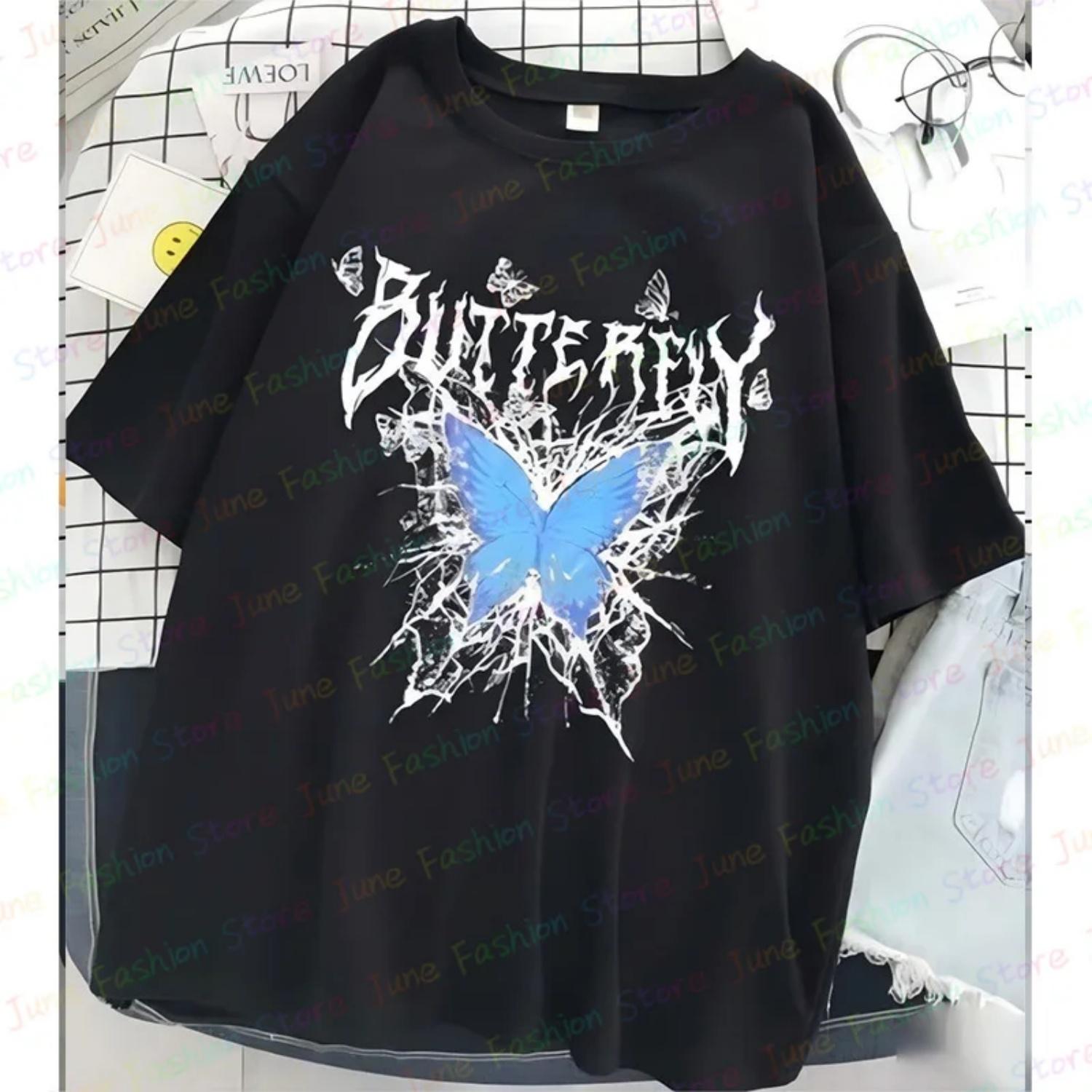 

New Fashion Women s Cotton Tshirts Butterfly Print Tees Trendy Brand Short Sleeve Tee Europe America Vintage Casual Streetwear S чёрный