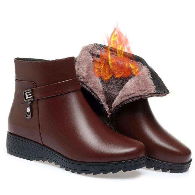 Short Boots, Autumn and Winter Cotton Shoes, Warm Boots, Women's Fleece-lined Leather Shoes, Middle-aged Women's Shoes