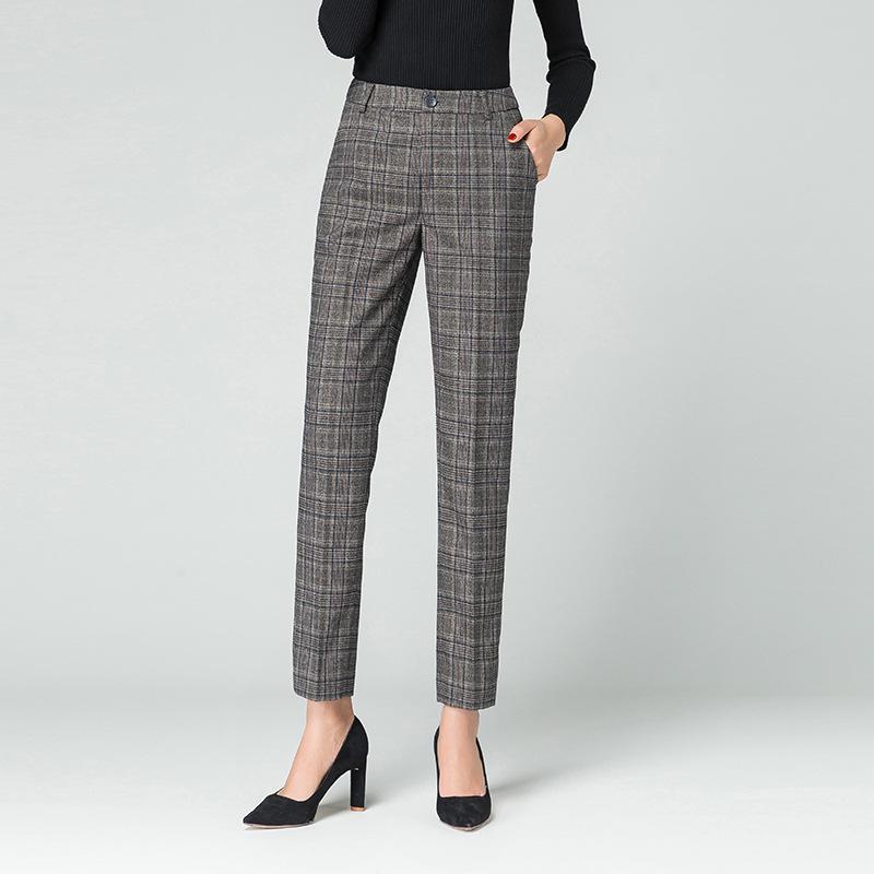 High-Waisted Wool Plaid Women's Pants - Autumn/Winter Straight Slim Suit Carrot Style