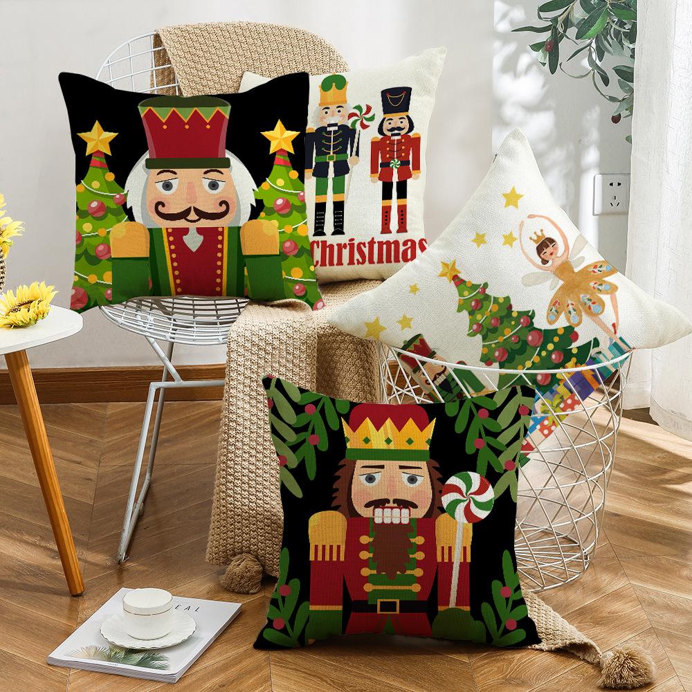 New Christmas Nutcracker Pillow Linen Print Reversible Living Room Sofa Bedroom Cushion Cushion Cover