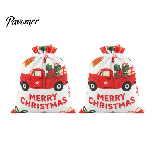 Holiday Theme Candy Carriers 2Pcs Christmas Drawstring Gift Bags, Xmas Tree Reindeer Printed Treat Festival Packaging Pouches, Reusable Fabric