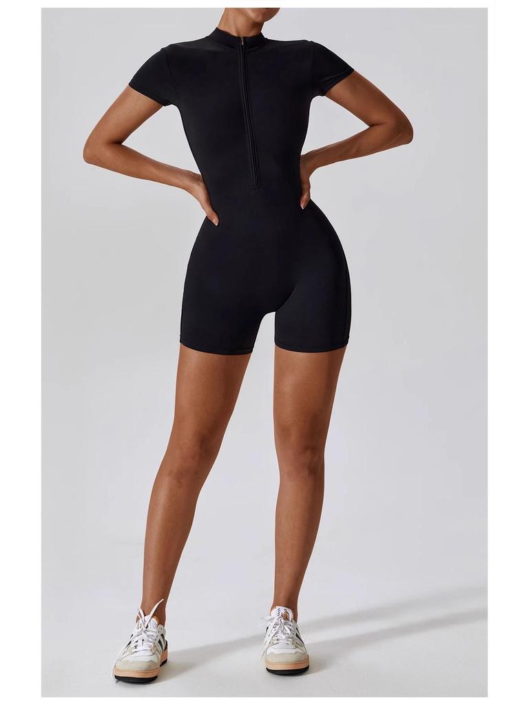 Women's Summer Zipper Short Sleeve Yoga Bodysuit Jumpsuit