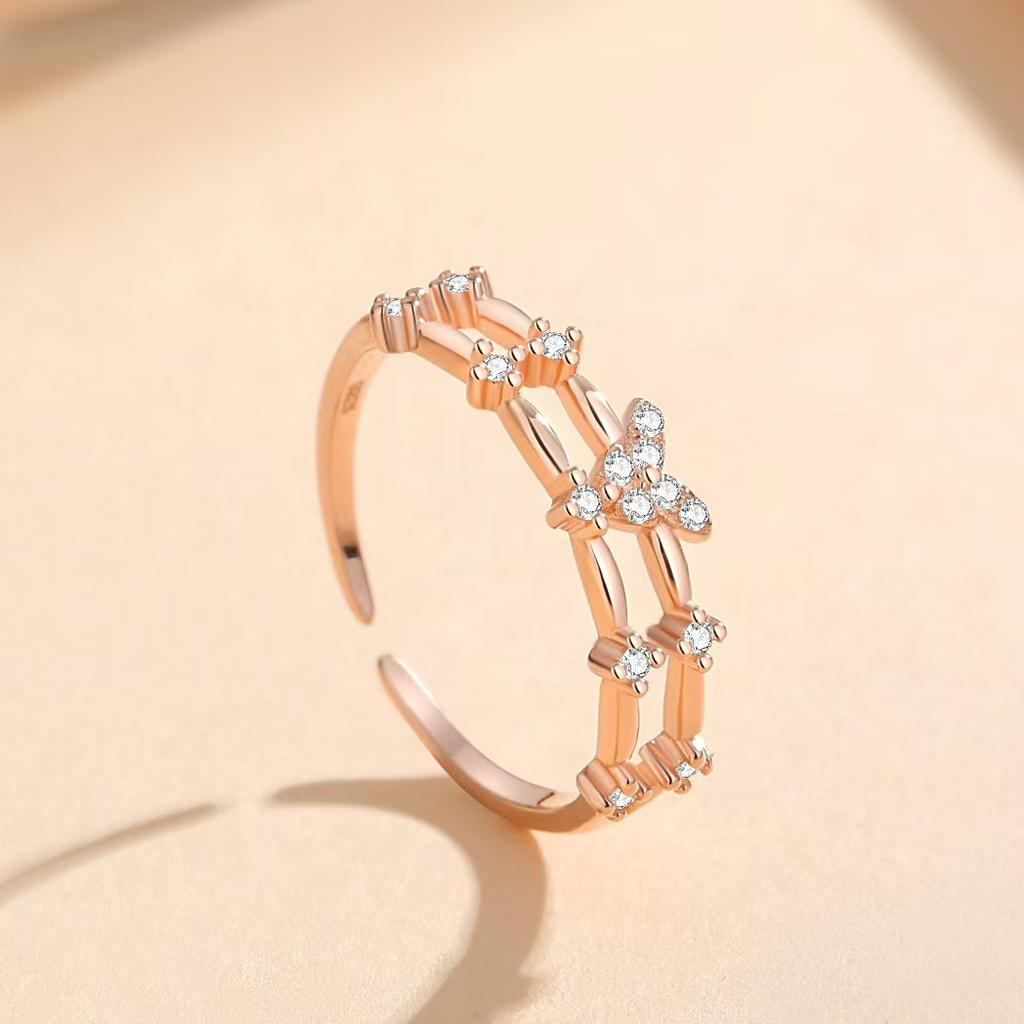 High-quality Retro Double-layer Ring for Women, Niche Ins Copper Micro-inlaid Zircon Butterfly Live Adjustable Simple Ring