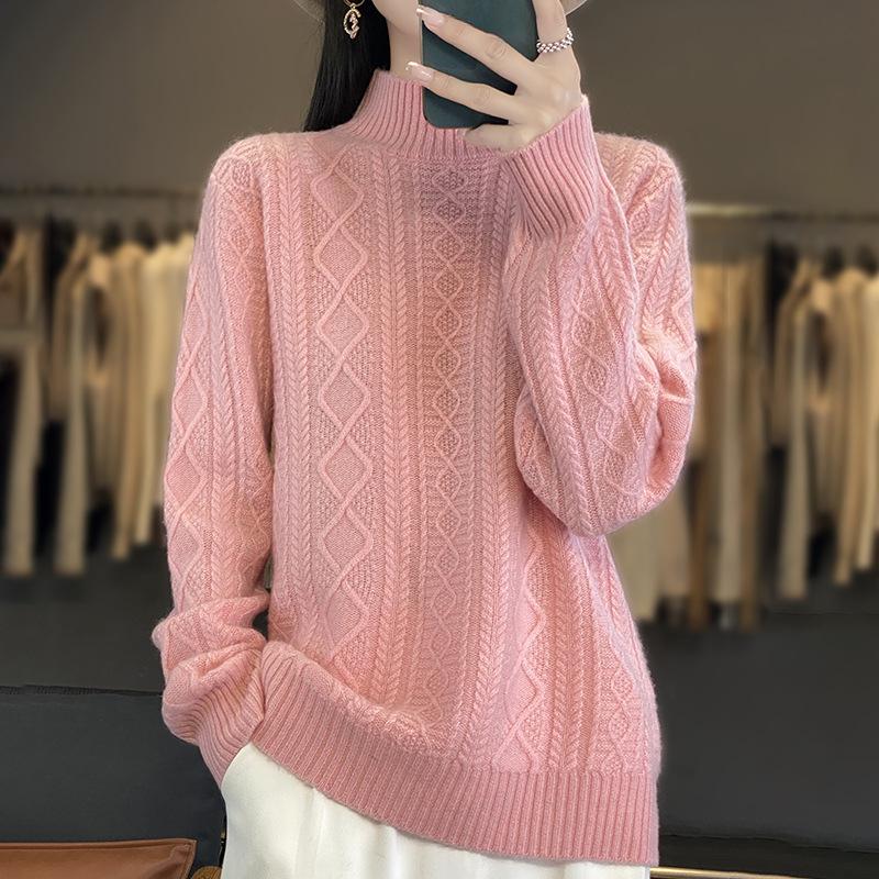 Solid Colour Half High Neck Threaded Stranded Flower Top Women's Pullover Knitted Sweater Tide