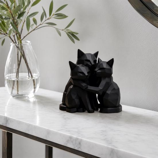 Artistic Cat Sculpture 3D Printed Black Figurine, Three Hugging Geometric Statue, Durable Ornament Modern Animal Shape for Home Office Bookshelf