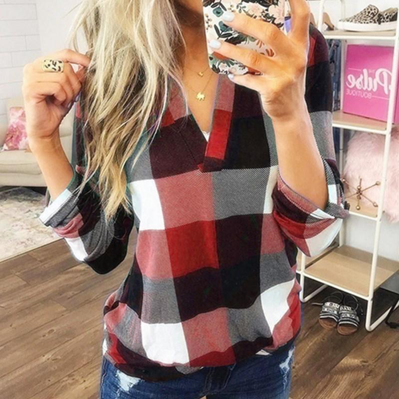 

European Women s Plaid V-Neck Long Sleeve Shirt - Spring/Autumn Style M червоний