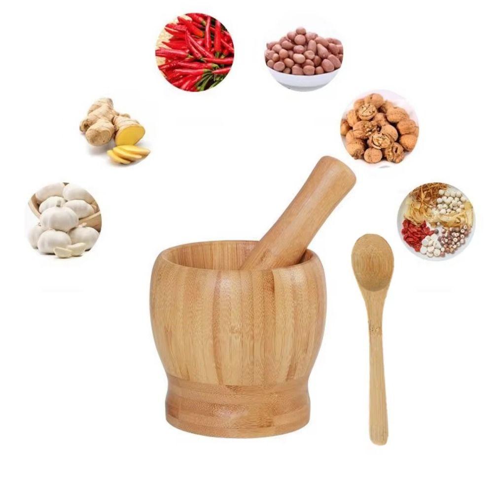 Premium Bamboo Wooden Mortar and Pestle Set Splash-proof Grinding Bowl with Lid  Spice Mixing