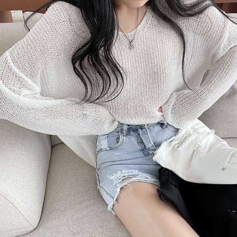 Summer Ice Silk Thin V-neck Sunscreen Sweater Coat Long Sleeve Knitted Hoodie Top T-shirt Air Conditioning Clothes