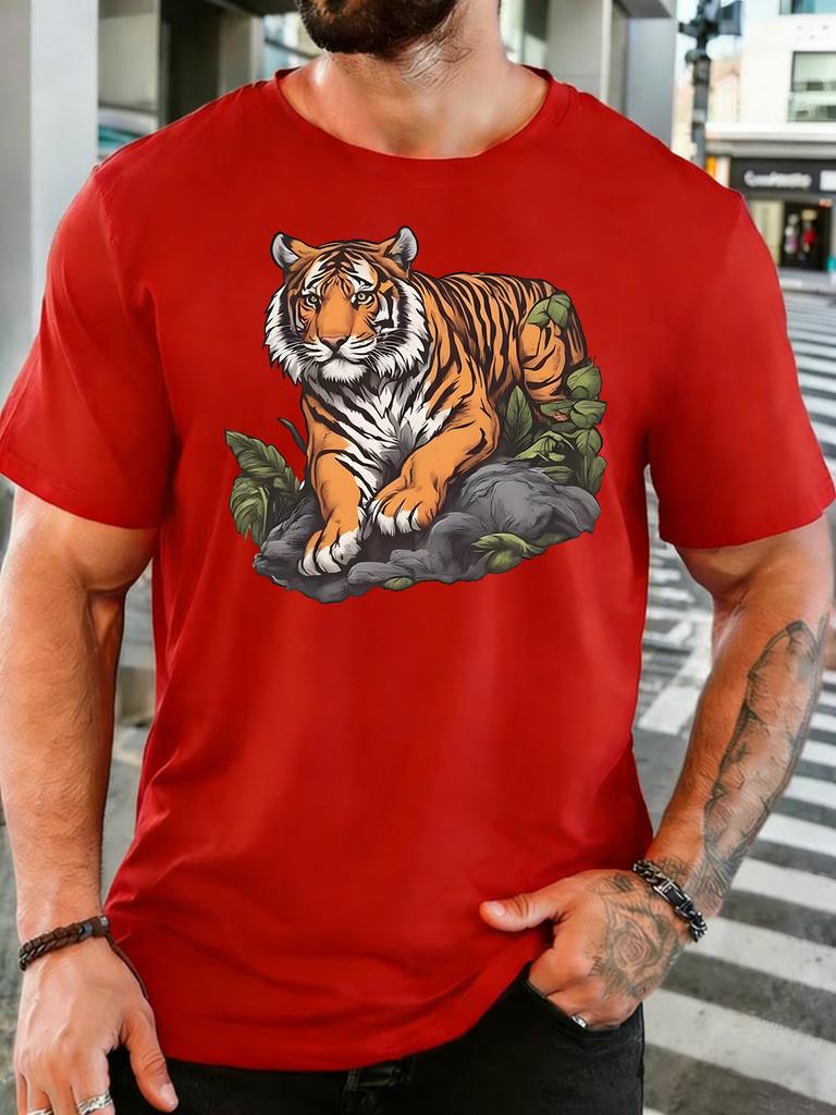 Wild Tiger On Rock Jungle Leaves Graphic Unisexs Short Sleeve Crew Neck Cotton T Shirt Vintage Animal Print Male Nature Casual Top