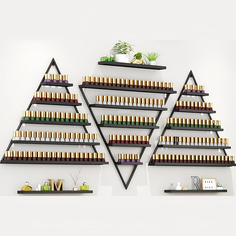 Elegant Gold Wall Mounted Nail Polish Rack - Set of 6 Triangular Cosmetic Display Shelves for Essential Oil Bottles, Organize Your Lipsticks and