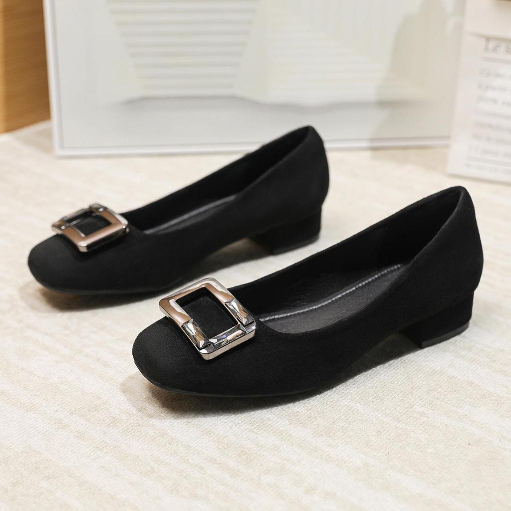 2026 Spring/Summer Suede Chunky Heel Pumps with Square Toe & Rhinestone Buckle