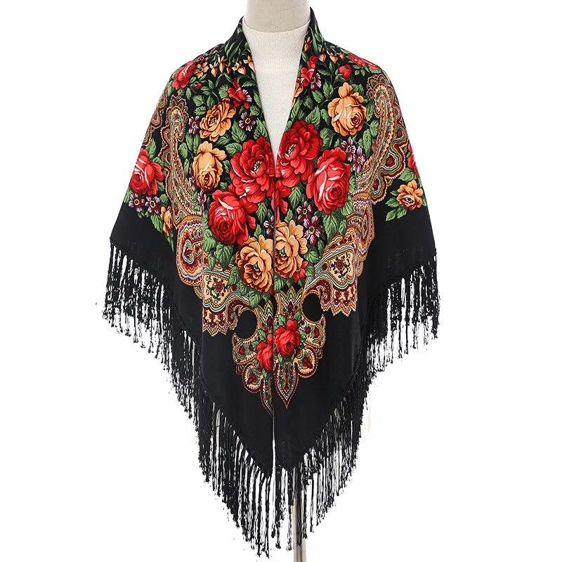 Women Russian Style Big Square Scarf Shawl Retro Fringed Cotton Print Scarves Hijab Wraps Ethnic Shawls Bandana