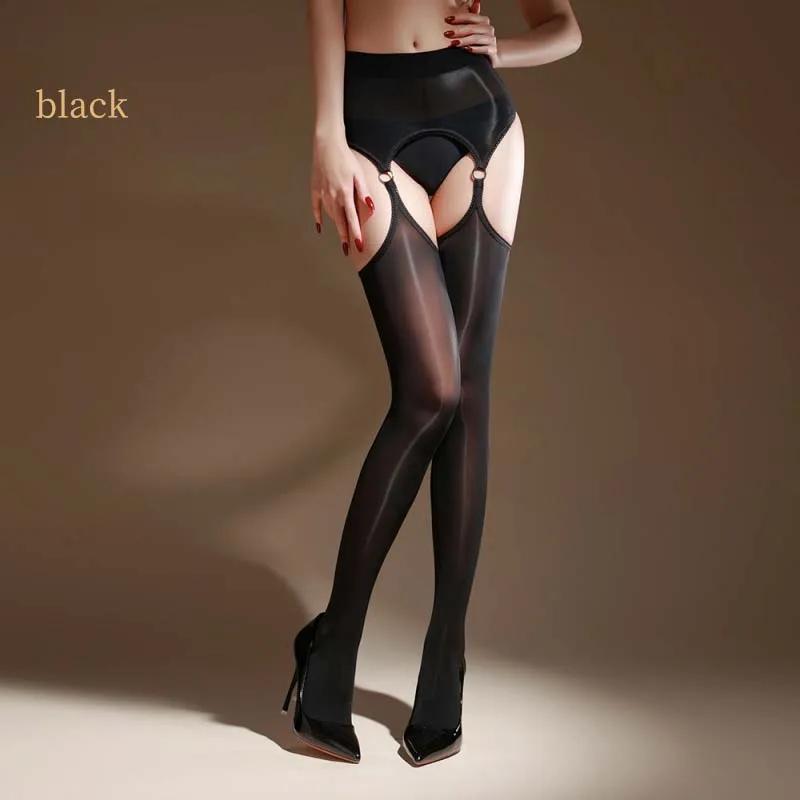 Sexy Dames Kousenbanden Ring Verbinding Kous Broekje Zonder Kruisje Sexy Olie Glanzend Doorzichtig Dienstmeisje Kousen Boven de Knie Kous