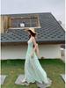 Seaside vacation wind green suspender dress women's summer temperament mesh stitching waist thin a-word skirt long dress