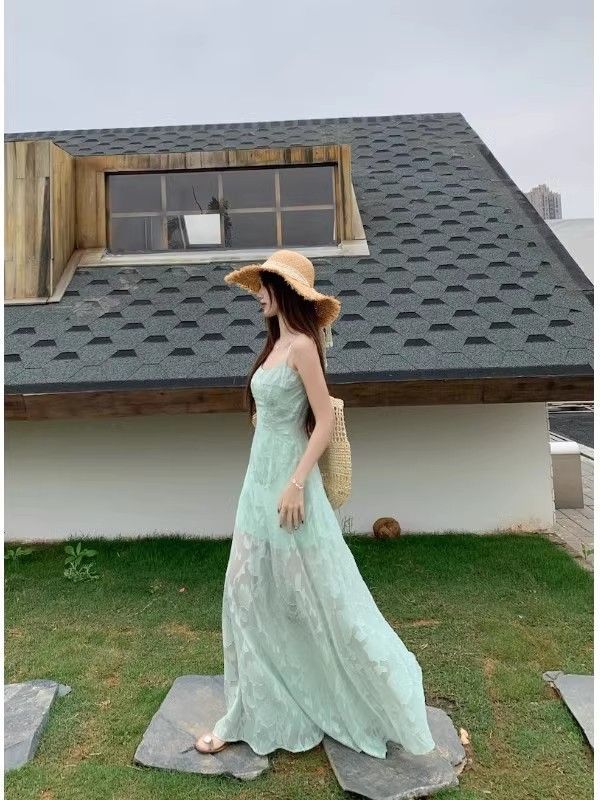 Seaside vacation wind green suspender dress women's summer temperament mesh stitching waist thin a-word skirt long dress