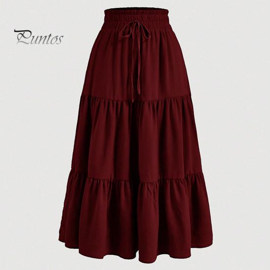 Stil boem fustă de vară pentru femei, talie înaltă elastică, cu cordon reglabil, culoare solidă, linie A