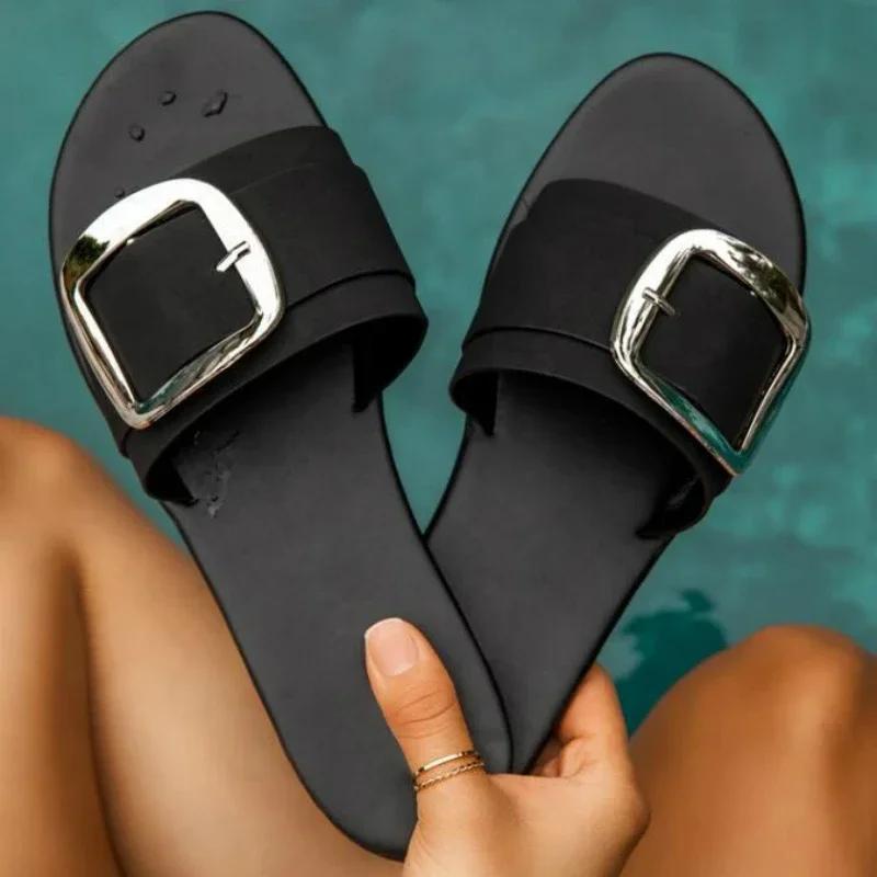 Fashion Summer New Women Slippers Fashion Upper Buckle Decoration Flat Heel Peep Toe ladies shoes Elegant Beach Outdoor Slides