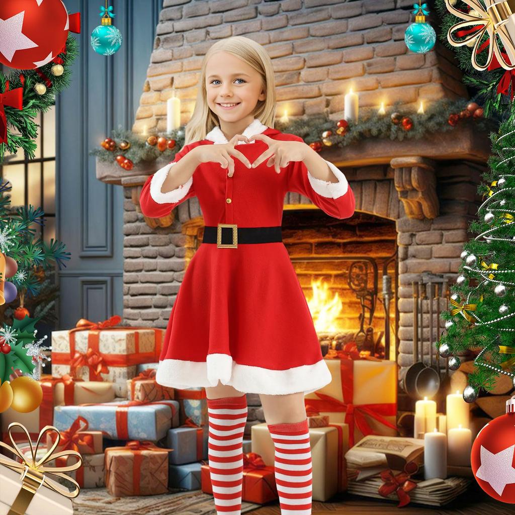 Joyesplay Christmas Cosplay Santa Claus Costume for Set with Santa and Cute Christmas Outfit with Reindeer Perfect for School Stage and Gift Girls,