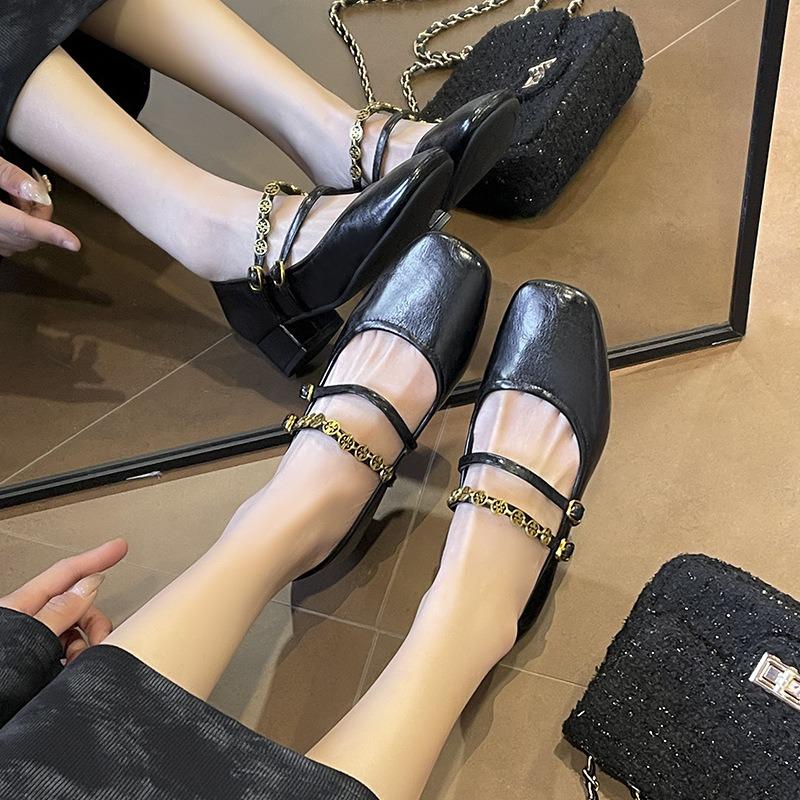 Retro texture double one-word belt~ soft-sided Mary Jane shoes women's thick heel square head single shoes versatile autumn