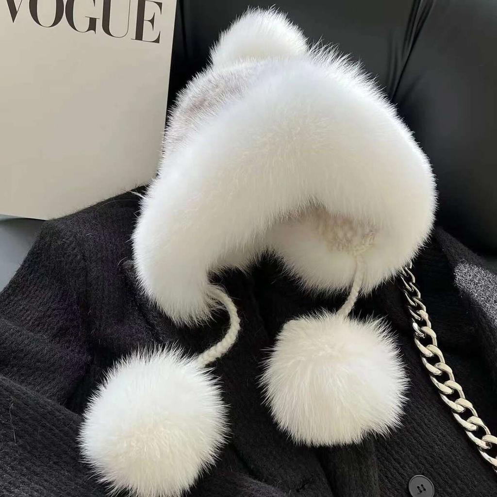 Mink Fur Hat Lei Feng Hat Natural Fur Hat With Fox Fur Ball With Ear Protection Winter Hat For Women Female Warm Knitted Hat