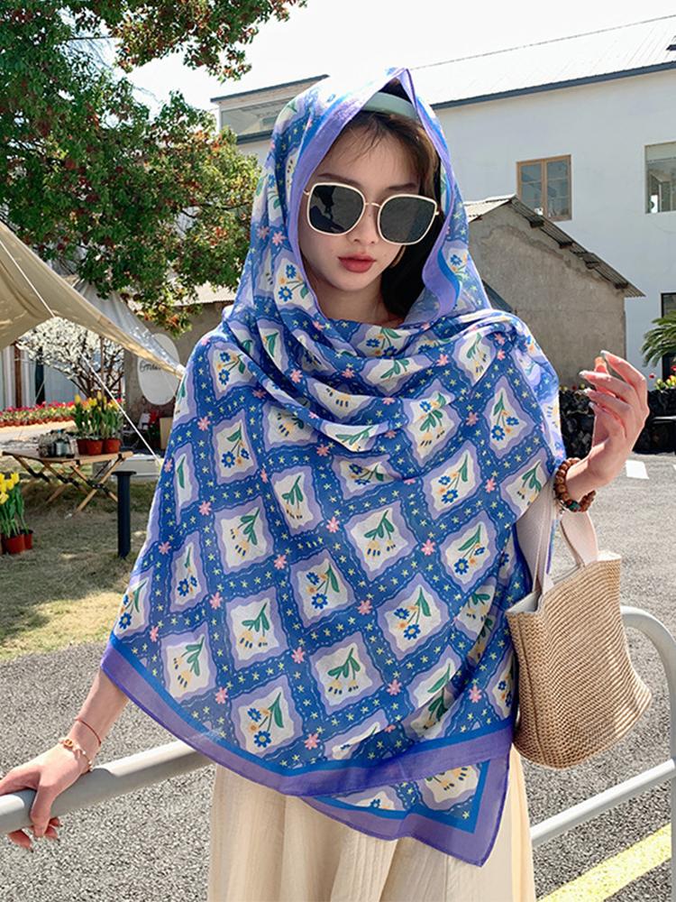 New Summer Elegant Women Silk Scarf Beach Long Wrap Shawl Blue Floral Lady Sunscreen Bandana Hijab Mujer Scarve Pareo Foulard