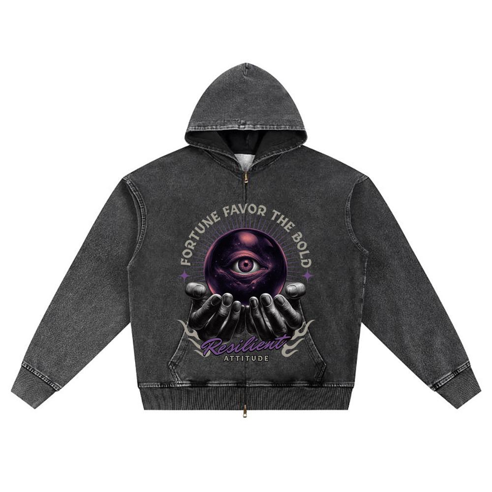 DTG Print Knitted Denim Zip-Up Hoodie Vintage Graphic Brother Print Zipper Hoodies