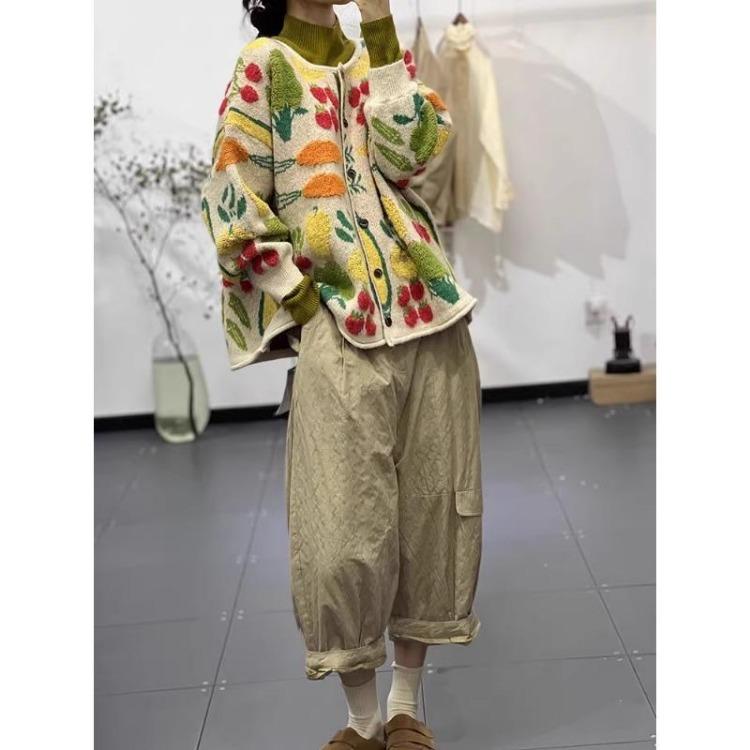 2023 New Fashion Women Oversize Floral Cardigan Sweater Knitting Jacket Casual Loose Plus Size Green Buttons Winter Autumn Dimanaf