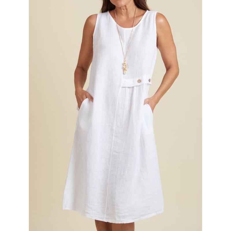 DAFIFY Moda feminina verão primavera cor sólida estampa sem mangas gola redonda cintura solta vestidos casuais